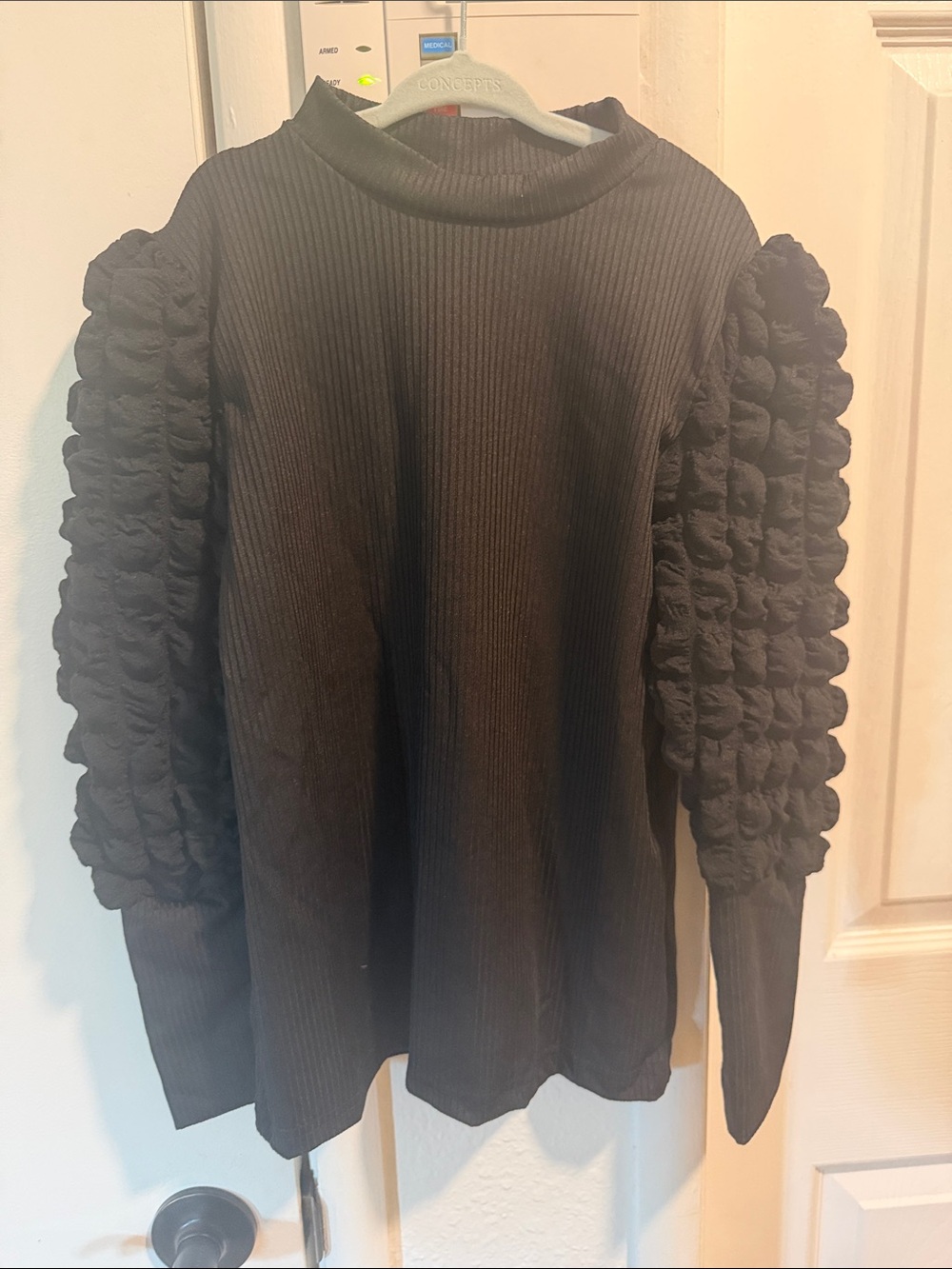PatPat Black Ribbed Top with Puff Textured Sleeves